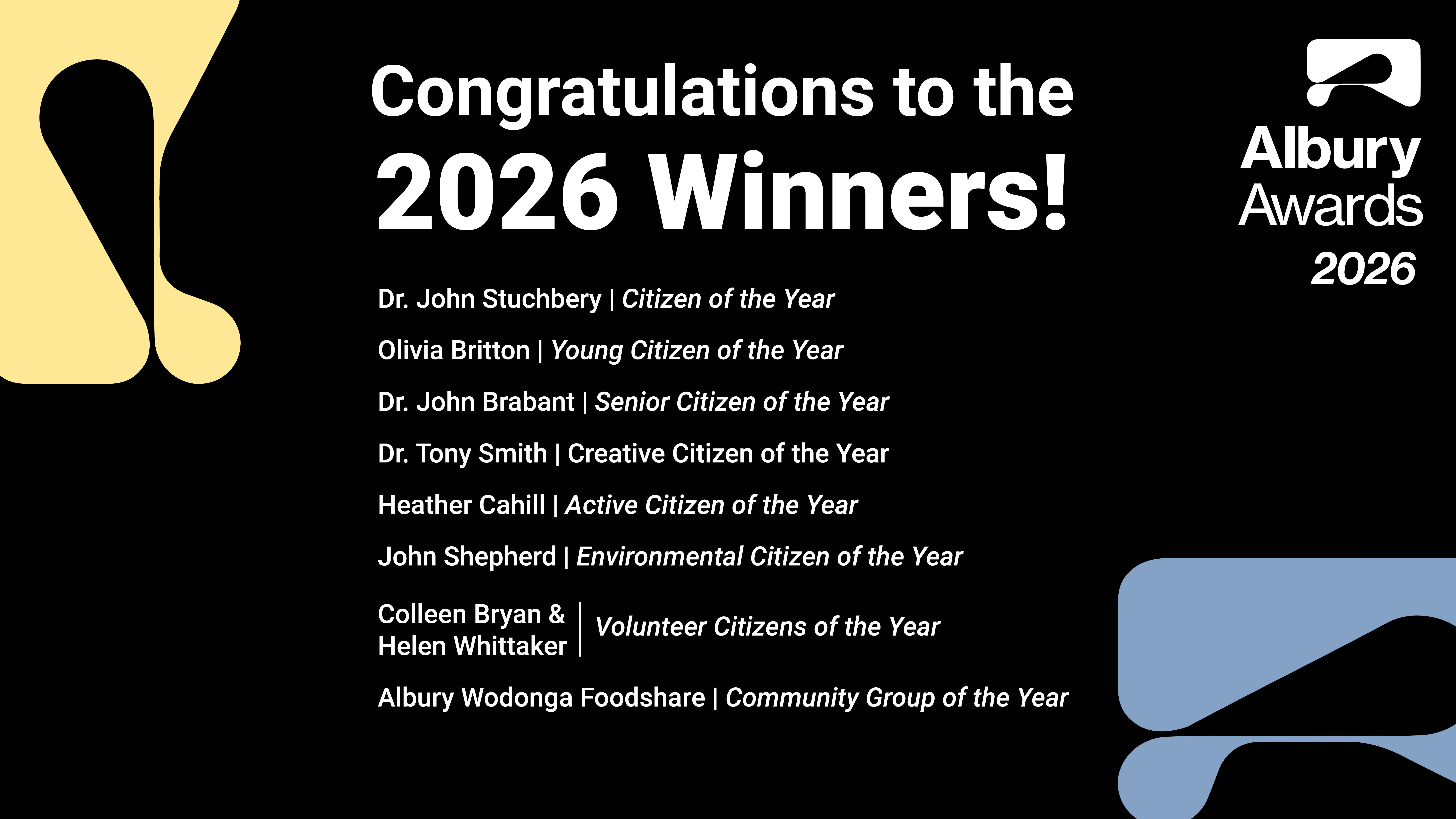 List of winners of the 2026 Albury Awards
