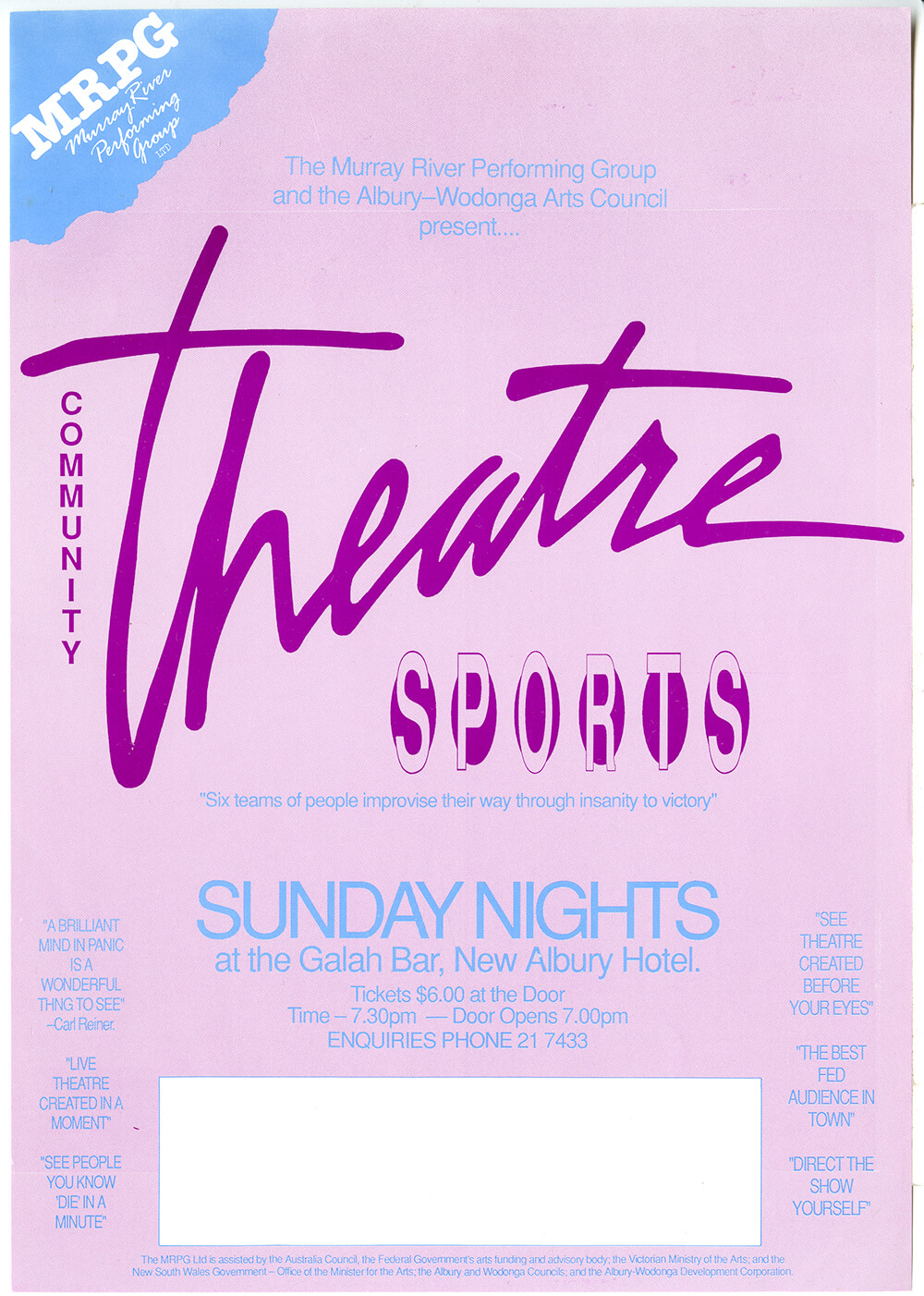 A poster advertising the Murray River Performance Groups performance of