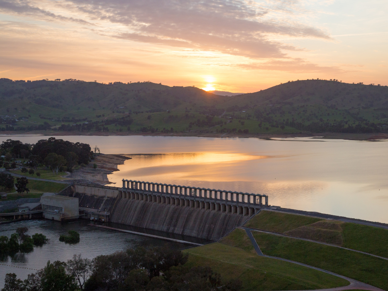Aerial image of Hume Dam at sunset