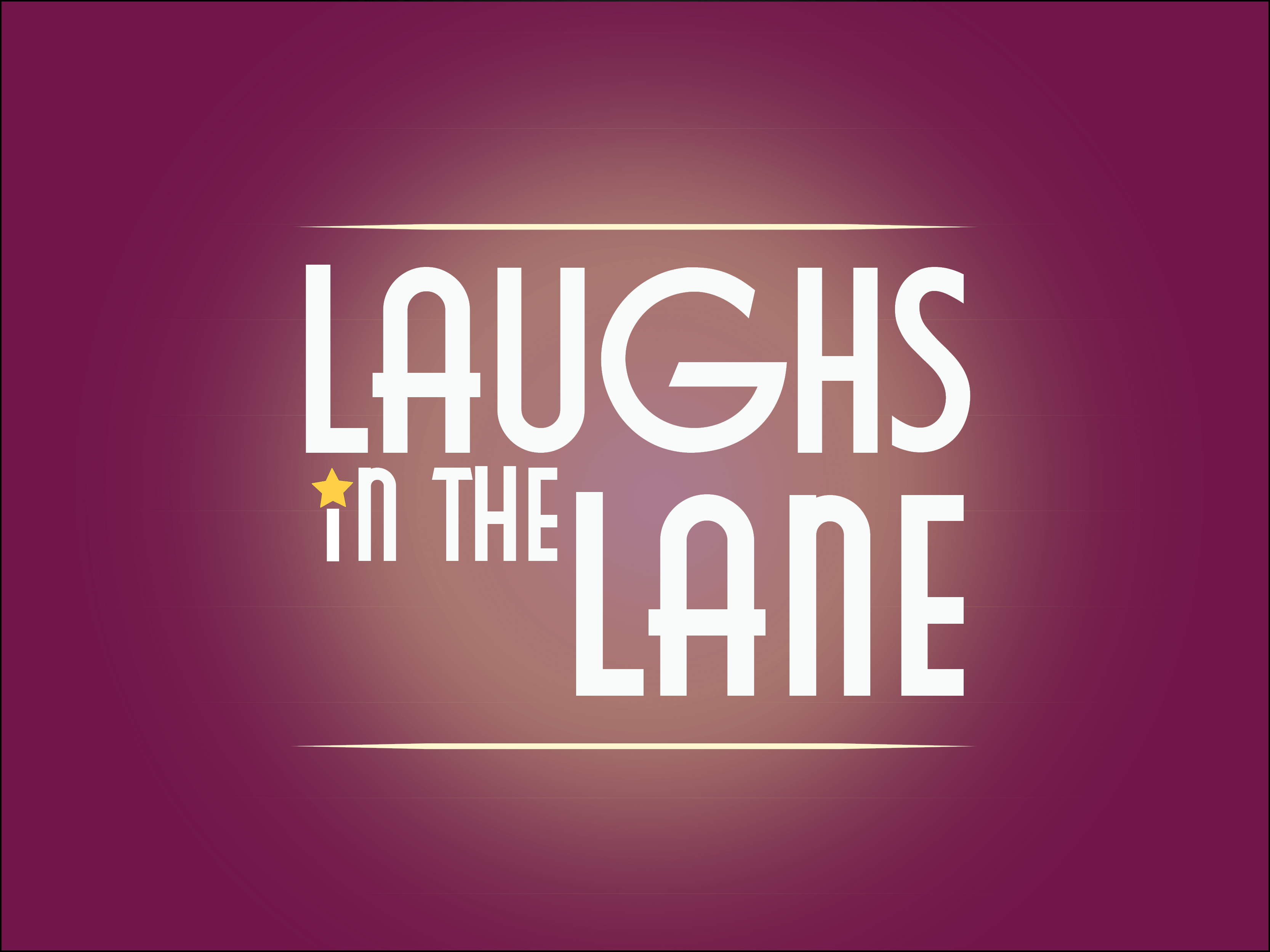 Laughs in the Lane workmark in white on a maroon background lit up with a spotlight