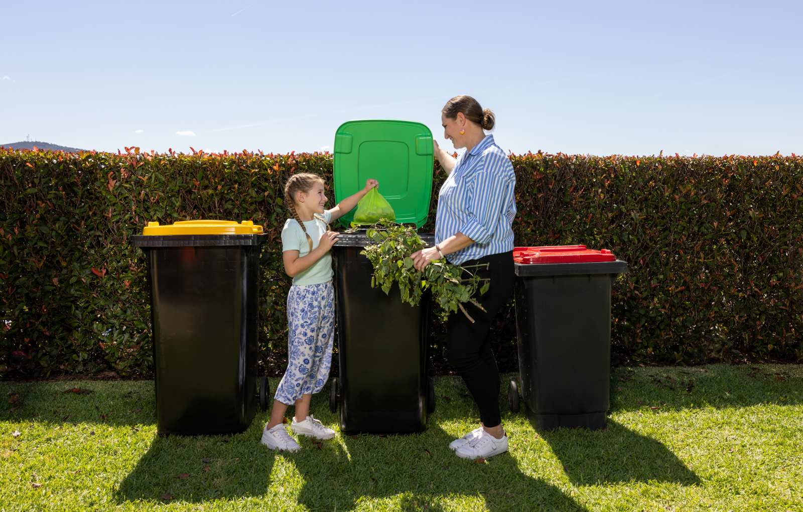 Green, yellow and red waste bins