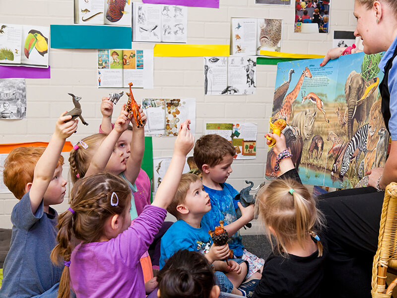 Children in a Childcare in Albury holding up plastic dinosaurs to their educator